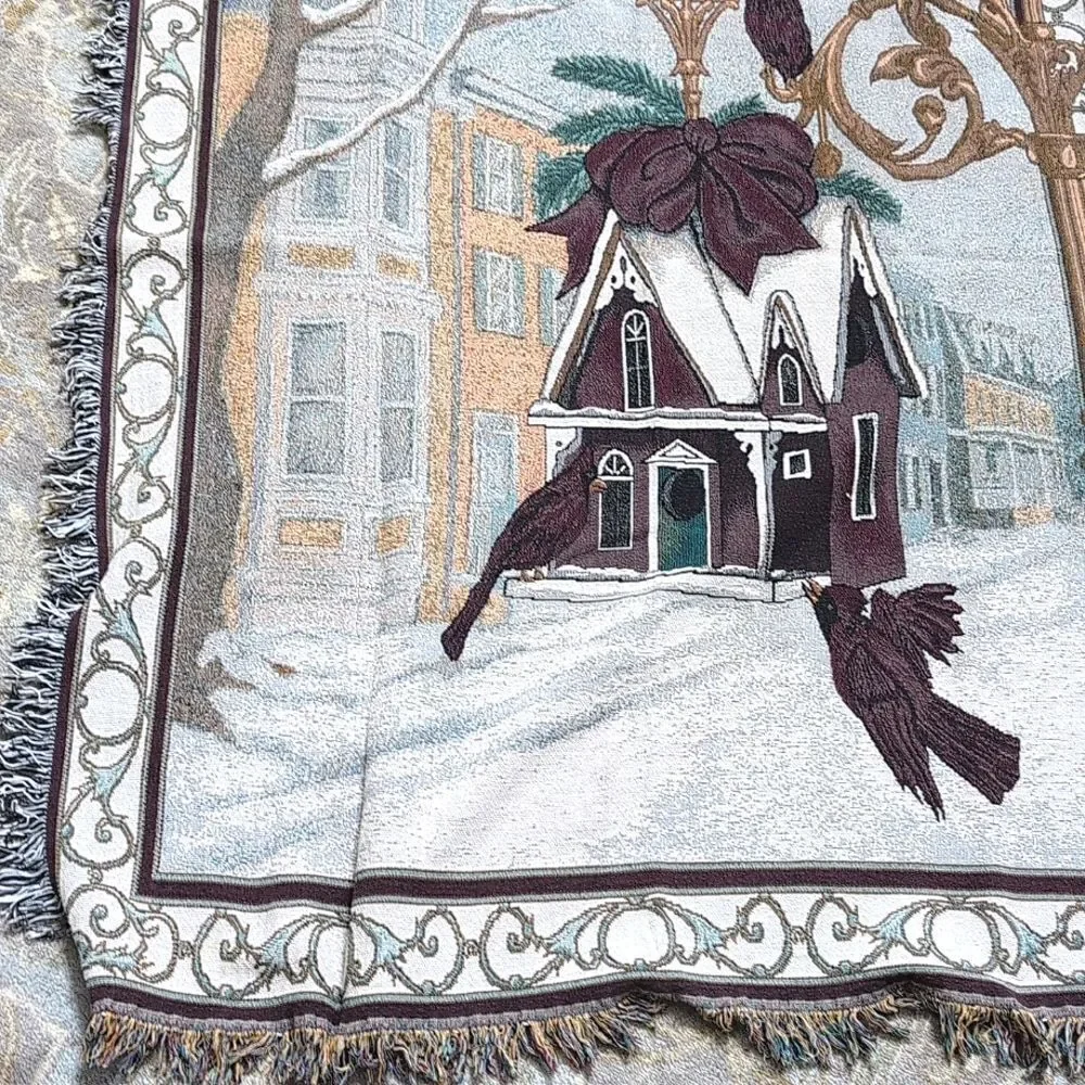 Vintage Christmas Cardinal Winter Village Scene Woven Tapestry Throw Blanket